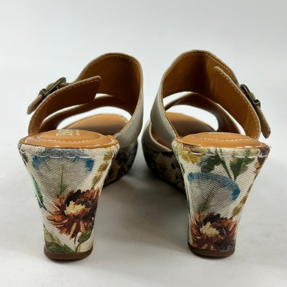 Born Womens 9M Floral Print Spring Canvas Wedge Sandals Leather 3.5″ Buckle - Picture 7 of 16